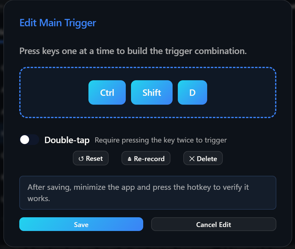 Hotkey Editor modal showing the key capture area with Ctrl, Shift, D badges, double-tap toggle, and save controls