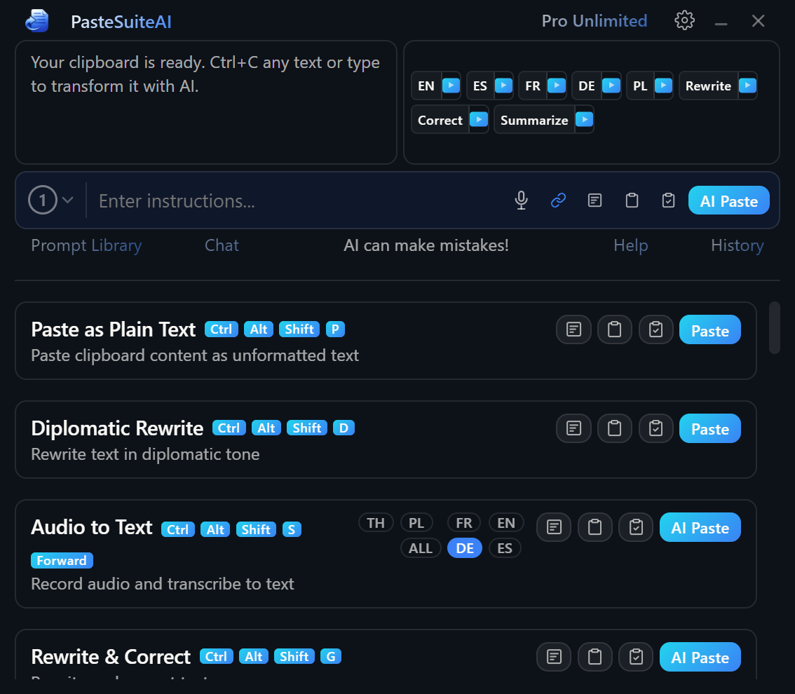 PromptBar with input mode toggle and execution buttons