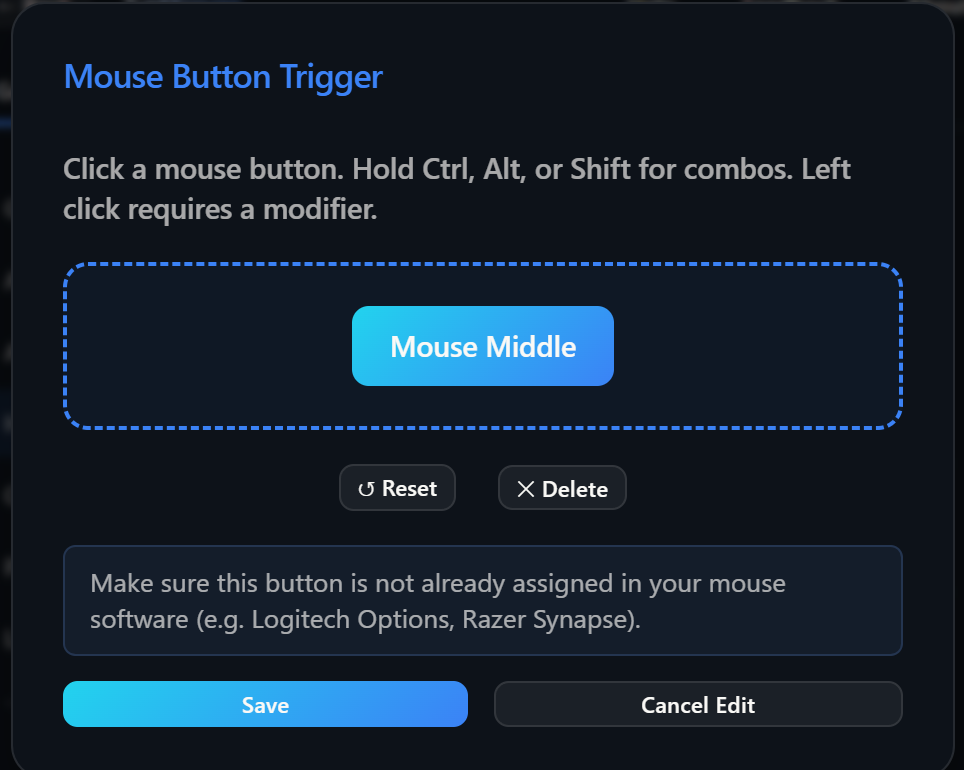Mouse Trigger Editor modal showing the recording area with a Mouse Middle badge, reset and delete controls, and save buttons