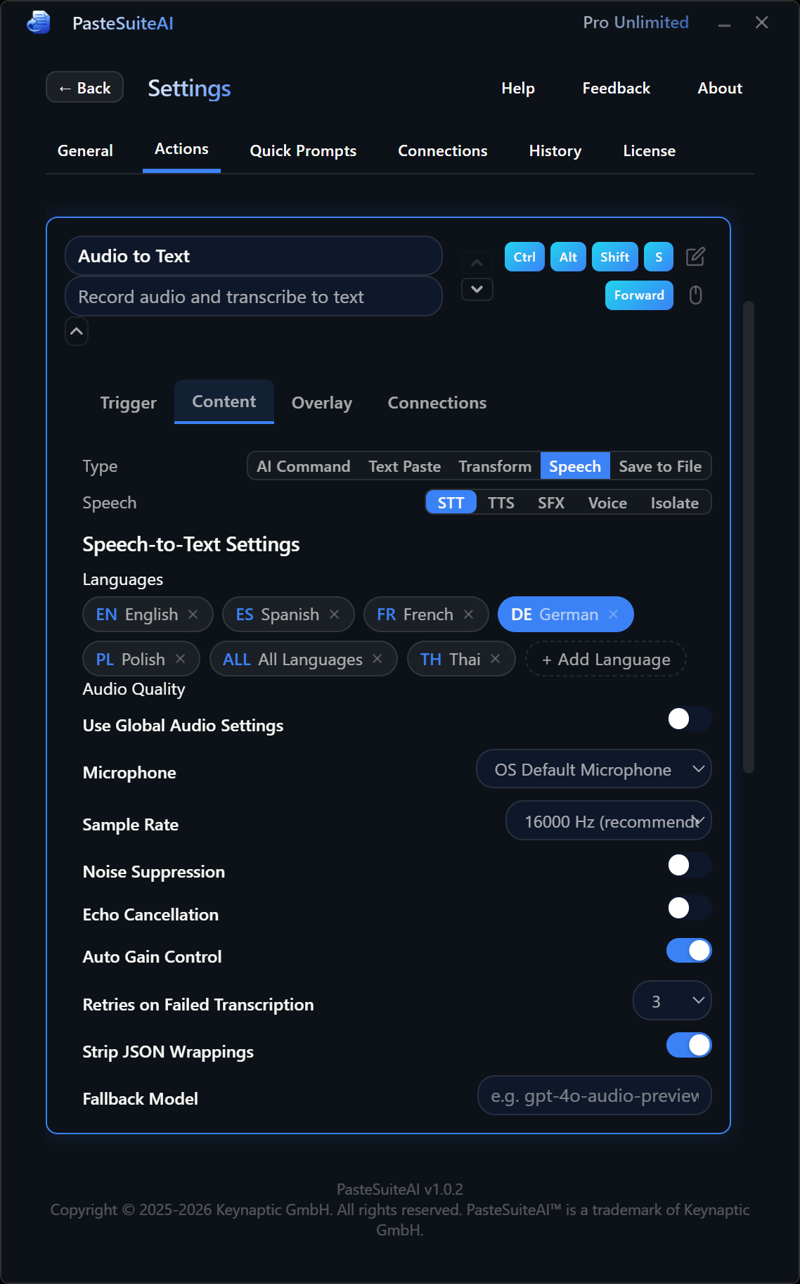 Per-action STT configuration panel