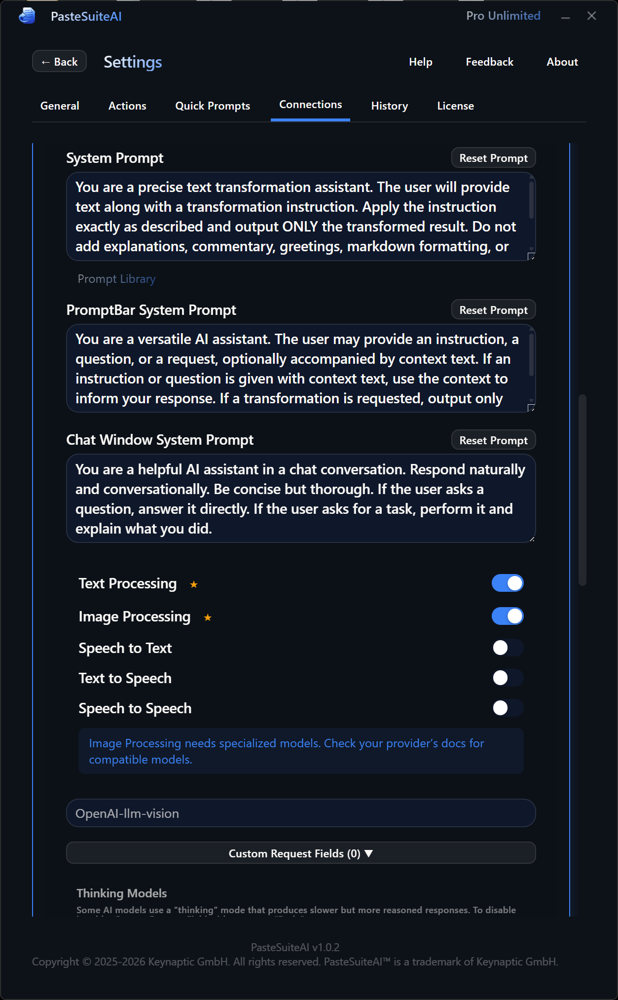 Connection editor form — system prompts and capabilities