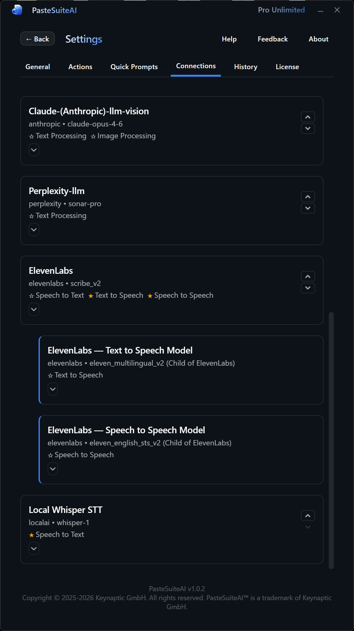Connections tab — more connection cards