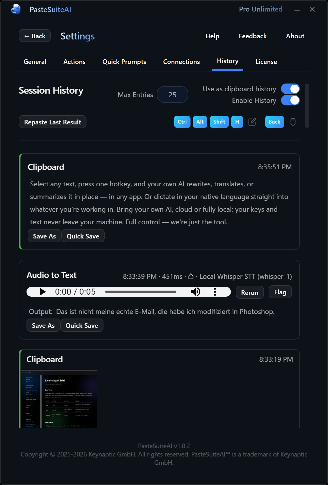 History tab overview