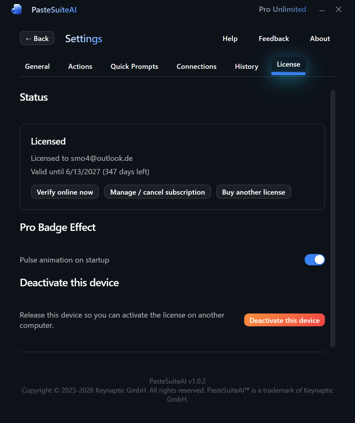 License tab overview