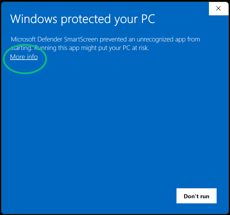 Windows SmartScreen window: click the More info link