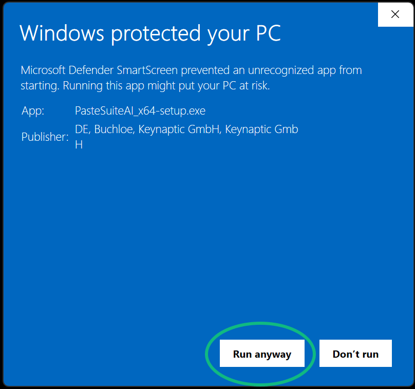 Windows SmartScreen window showing publisher Keynaptic GmbH: click Run anyway