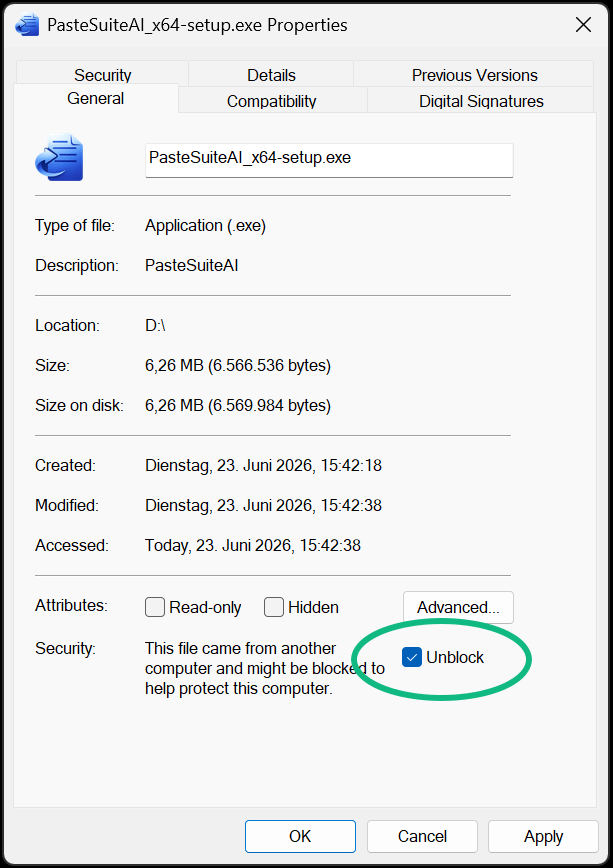 Windows file Properties dialog with the Unblock checkbox enabled